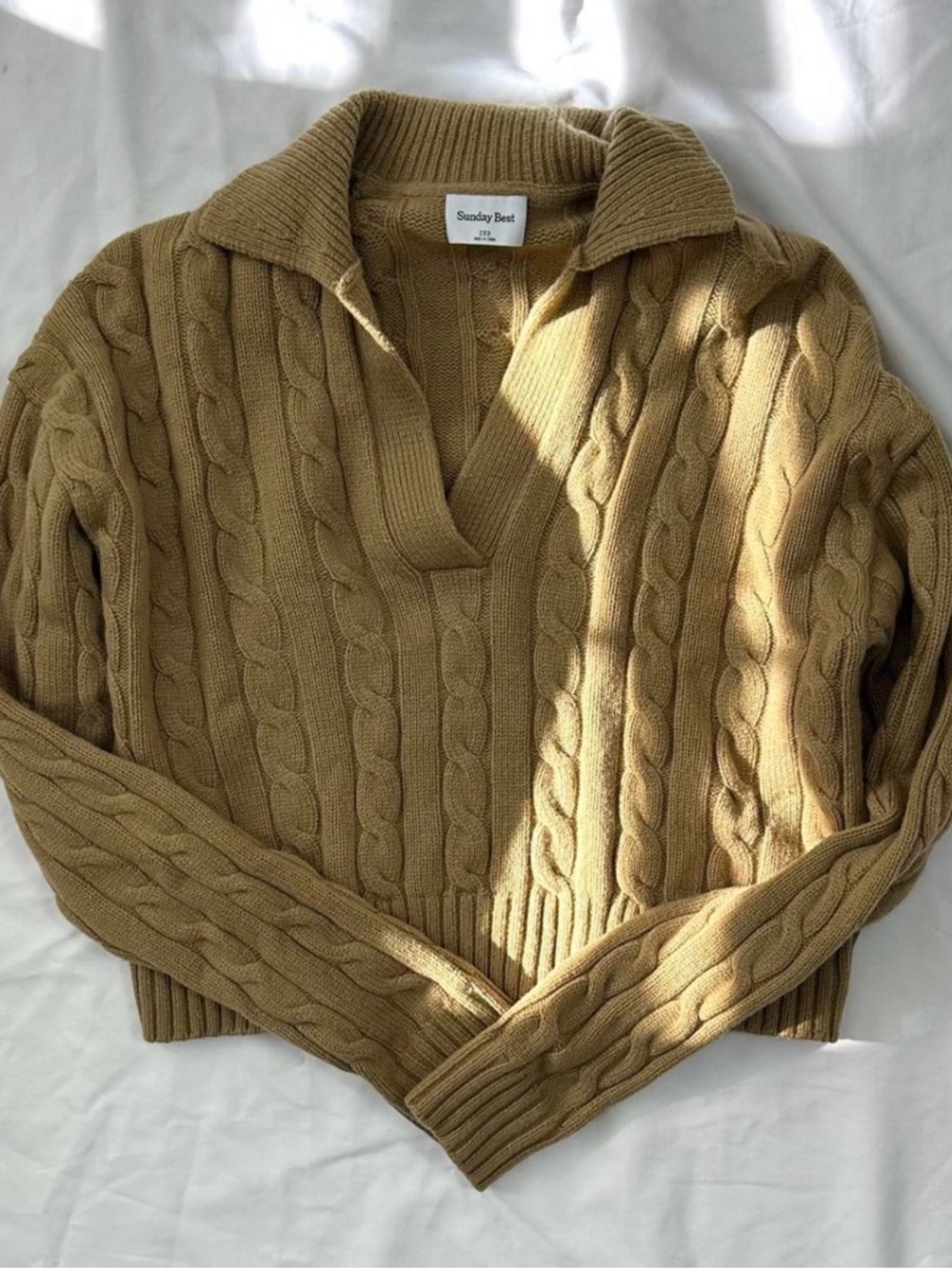 Sunday Best Cable Knit V-Neck Polo Sweater in Camel